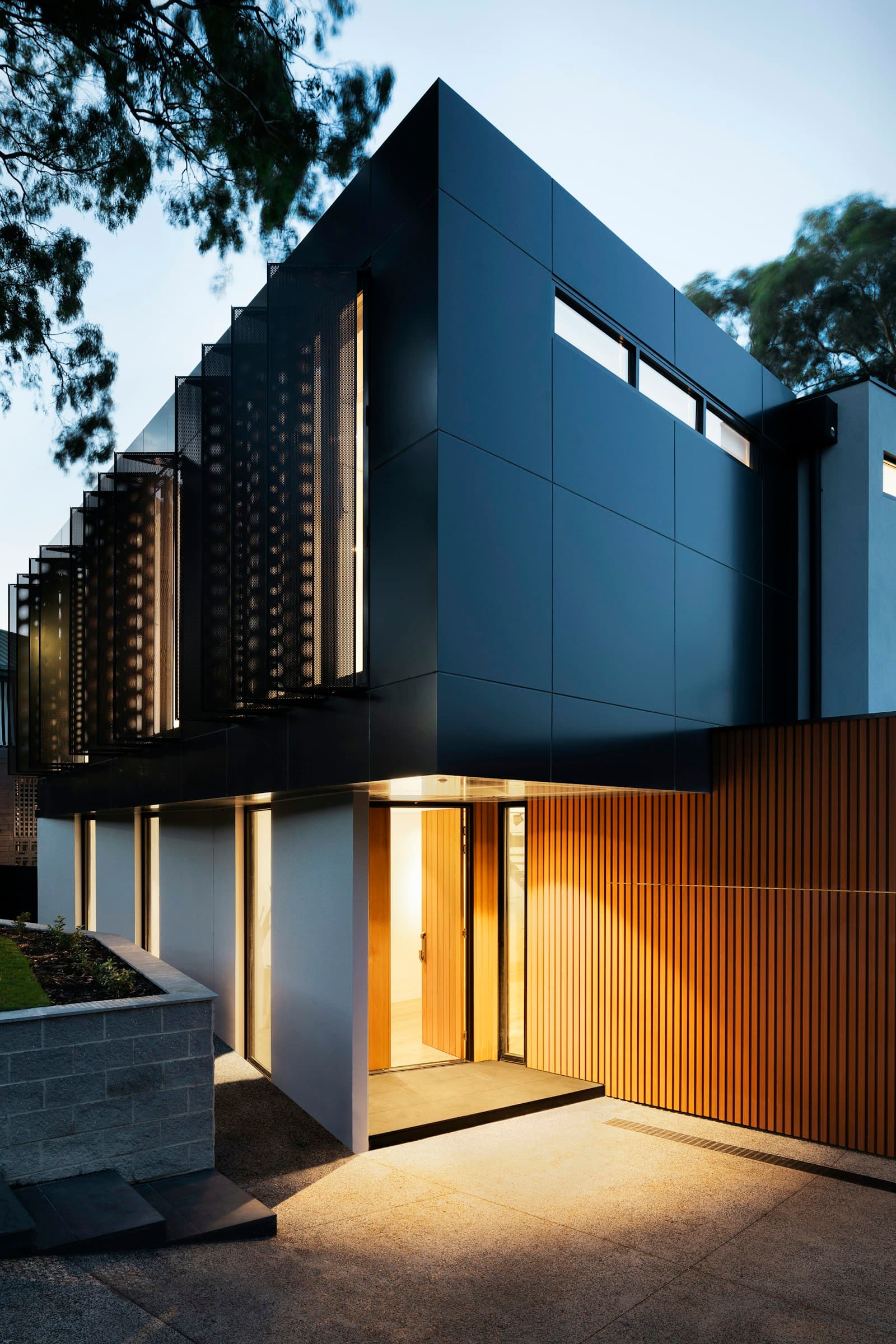 A contemporary house exterior at dusk